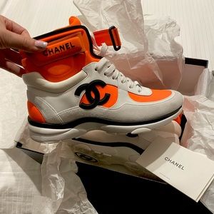 CHANEL ORANGE HIGH TOP NEOPRENE TRAINERS